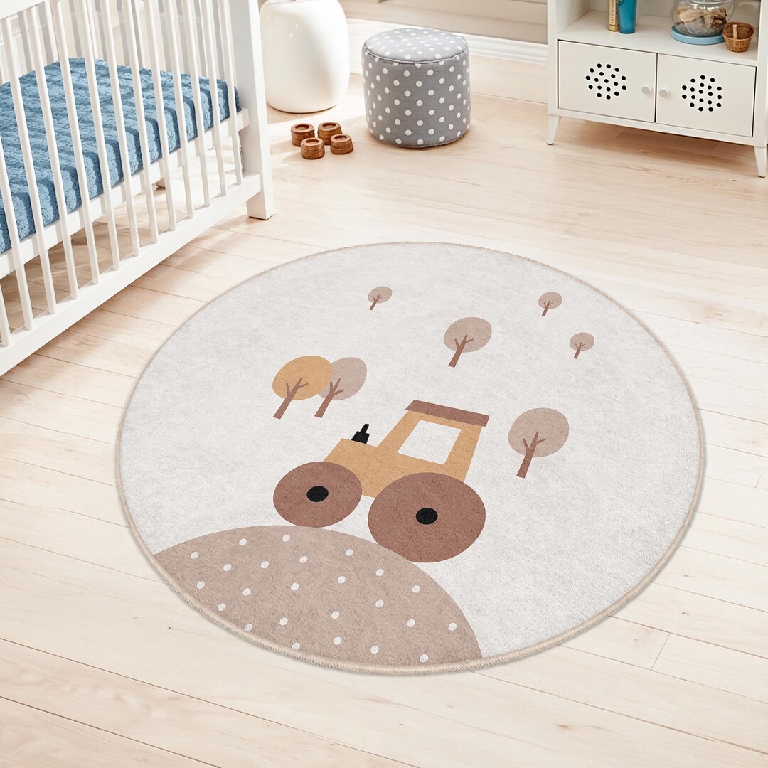 Tractor Play Rug Tractor Themed Round Kids Room Rug | Farmhouse Nursery Play Mat ...