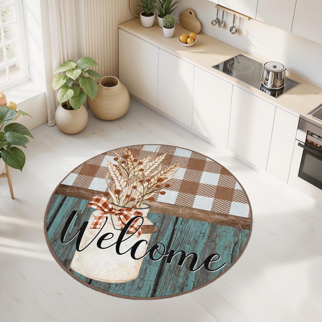 Kitchen Circle Rugs Welcome Round Kitchen Rug | Cozy Farmhouse Decor | Vintage Style ...