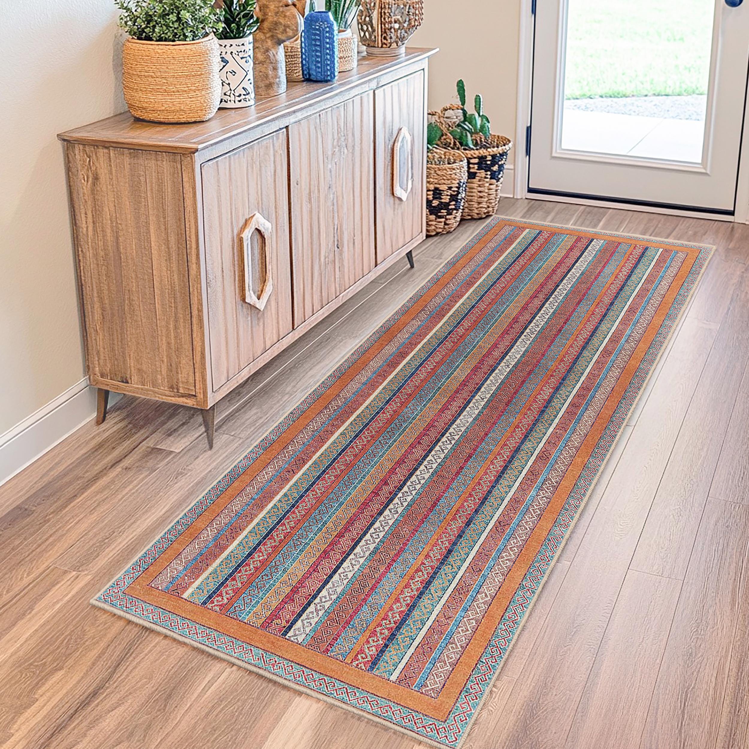 カラフルなストライプ柄の長方形エリアラグ、装飾的な廊下用ランナー