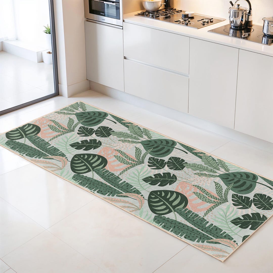 Tropical Leaf Print Rectangle Kitchen Runner Rug | Botanical Greenery ...