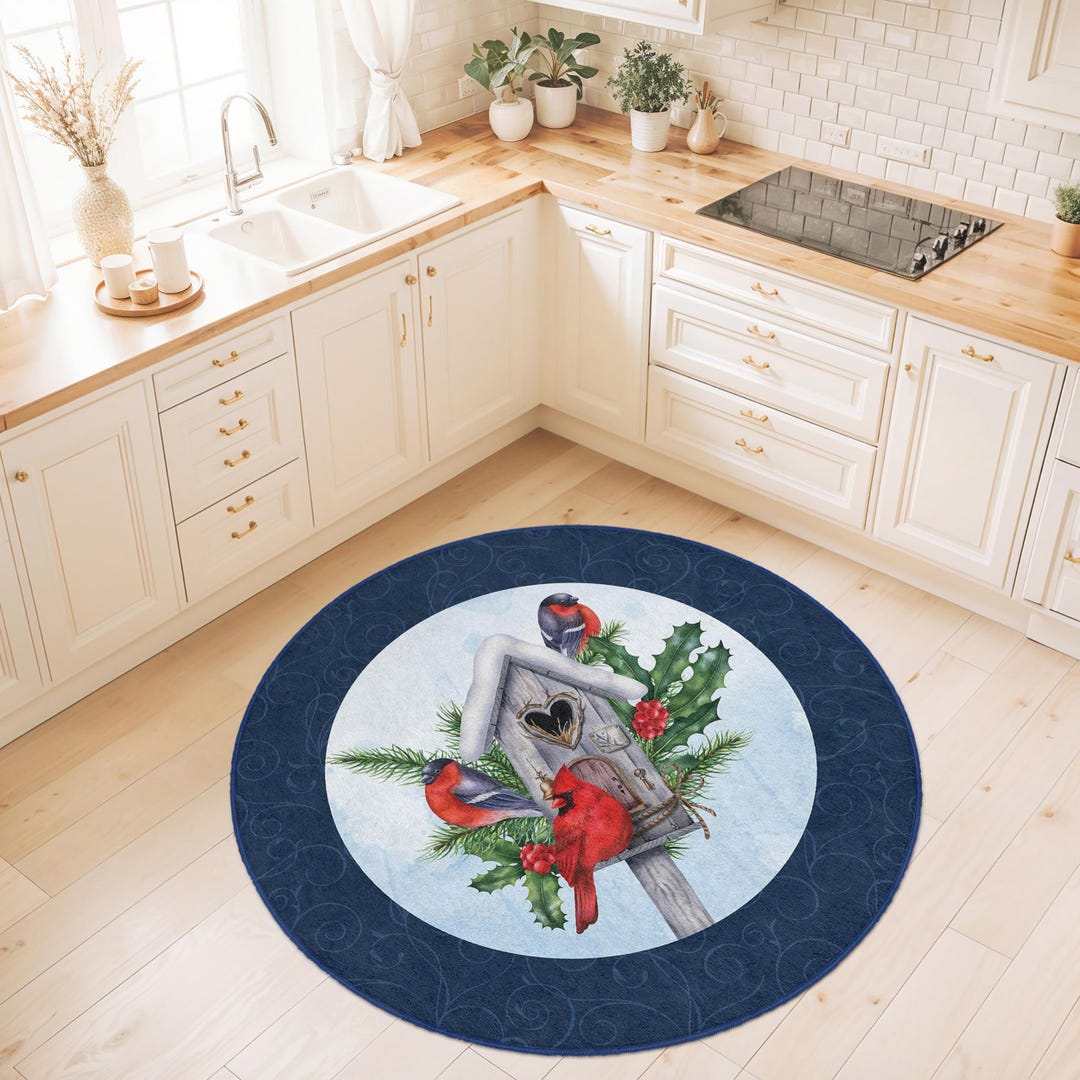 Kitchen Circle Rugs Charming Round Kitchen Rug With Birdhouse and Cardinal Design | Cozy ...