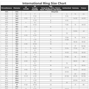 Puede incluir: Un gráfico que muestra los tamaños de anillo internacionales en milímetros, centímetros y varios sistemas de tallas, incluidos EE. UU., Reino Unido, Asia, Suiza, Alemania y Francia.
