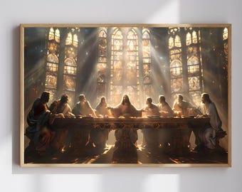 Das letzte Abendmahl Wandkunst, Jesus Malerei, Moderne christliche Kunstwerke, Katholische Wand Kunst Poster, Religiöses Wohnkultur, Horizontaler Digitaldruck
