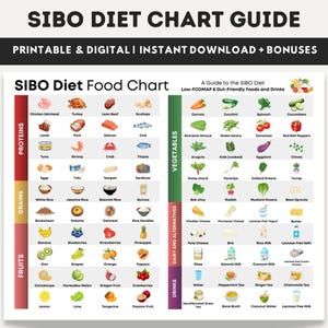 Op de afbeelding: Een SIBO-dieetvoedselkaartgids, met een lijst van voedingsmiddelen en dranken gecategoriseerd op eiwitten, granen, fruit, groenten, zuivel en alternatieven. De kaart is ontworpen voor een low-FODMAP-dieet, met de tekst "Printable & Digital | Instant Download + Bonuses".