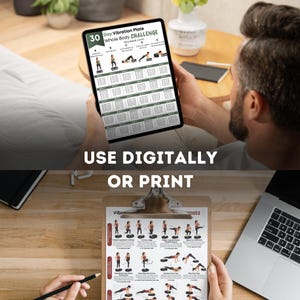 May include: A digital tablet and a paper clipboard displaying a 30-day vibration plate whole body challenge exercise guide. The documents feature instructional illustrations of various fitness poses, workout schedules, and text headers.