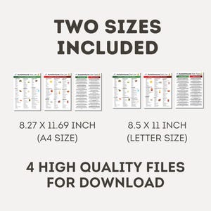 May include: An image featuring several printable guides for an autoimmune diet. The text reads "Two Sizes Included" and "4 High Quality Files For Download". The guides are available in A4 size (8.27 x 11.69 inches) and Letter size (8.5 x 11 inches).