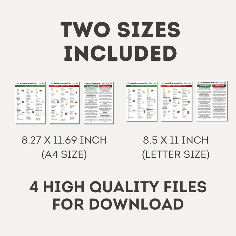 May include: An image featuring several printable guides for an autoimmune diet. The text reads "Two Sizes Included" and "4 High Quality Files For Download". The guides are available in A4 size (8.27 x 11.69 inches) and Letter size (8.5 x 11 inches).