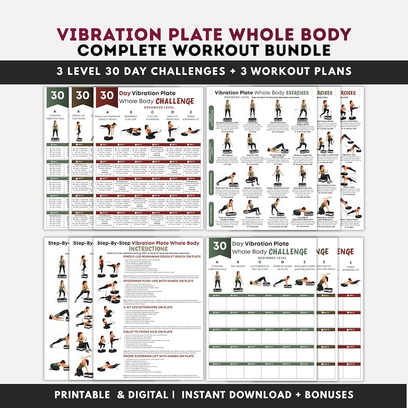 Complete Vibration Plate Whole Body Bundle PDF, 30 Day Challenges + 3 Level Power Plate Workout Plan, Lymphatic Flow Routine Printable image 1