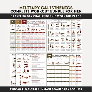 May include: A digital workout bundle with the text "MILITARY CALISTHENICS COMPLETE WORKOUT BUNDLE FOR MEN". The bundle includes 3 levels of 30-day challenges and 3 workout plans. The bottom of the image reads "PRINTABLE & DIGITAL | INSTANT DOWNLOAD + BONUSES".