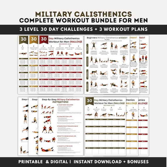 Complete Military Calisthenics Workout Bundle for Men PDF, 30 Day Challenges + 3 Level Workout Plans, Full Body Bootcamp Strength Training