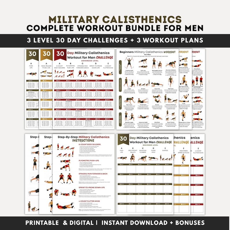 May include: A digital workout bundle with the text "MILITARY CALISTHENICS COMPLETE WORKOUT BUNDLE FOR MEN". The bundle includes 3 levels of 30-day challenges and 3 workout plans. The bottom of the image reads "PRINTABLE & DIGITAL | INSTANT DOWNLOAD + BONUSES".