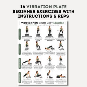 Puede incluir: Un p&oacute;ster blanco con texto negro que detalla 16 ejercicios para principiantes con plataforma vibratoria. Los ejercicios incluyen Standing Vibration Hold, Calf Raises, Gentle Marching y m&aacute;s. El p&oacute;ster incluye ilustraciones y recuentos de repeticiones.