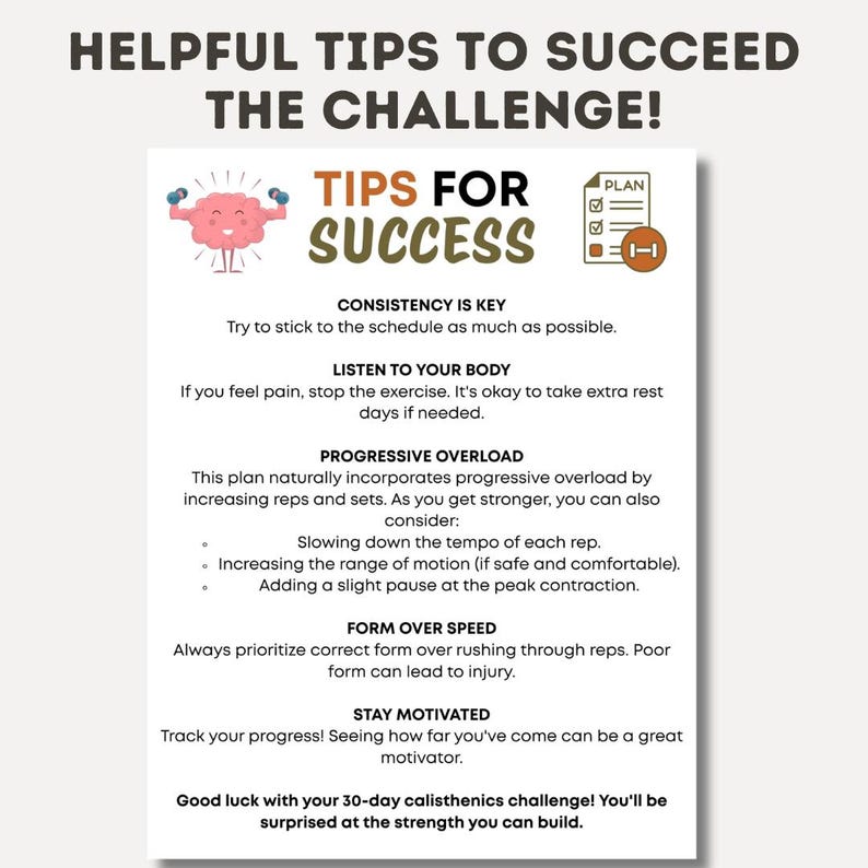 May include: A white infographic with the title "Helpful Tips to Succeed the Challenge!" and "Tips for Success" in large text. The infographic includes tips on consistency, listening to your body, progressive overload, form over speed, and staying motivated.
