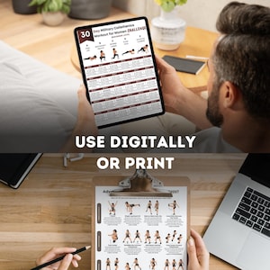 Może przedstawiać: Cyfrowy tablet wyświetlający 30-dniowy wojskowy trening kalisteniczny dla kobiet. Tekst "USE DIGITALLY OR PRINT" znajduje się pod tabletem. Widoczny jest r&oacute;wnież schowek z planem treningowym.