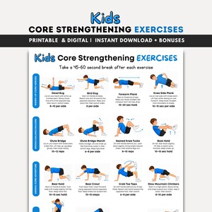 Può includere: Una guida digitale di esercizi per bambini, intitolata "Kids Core Strengthening Exercises". La grafica blu e bianca presenta esercizi illustrati come Dead Bug, Bird Dog e Forearm Plank, con istruzioni e ripetizioni.