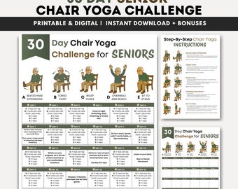 Tabla de reto de yoga en silla de 30 días para personas mayores (PDF), plan de ejercicios en casa para personas mayores, posturas de yoga en silla imprimibles, ejercicios sentados en silla, yoga para personas mayores