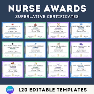 May include: Twelve printable nurse award certificates with colourful borders and icons. The certificates are for superlative awards such as "The Healing Touch", "Code Brown Champion", "Wound Care Warrior", "Most Extra PPE User", "Best "Nurse Voice" When Calling Doctors", "Fastest to a Code Blue", "The Patient Whisperer", "Can You Cover My Shift?" MVP, "Most Likely to Have a Stash of Snacks", "Night Shift Warrior", "Most Calming Voice in a Crisis", and "Hand Sanitizer Hoarder".