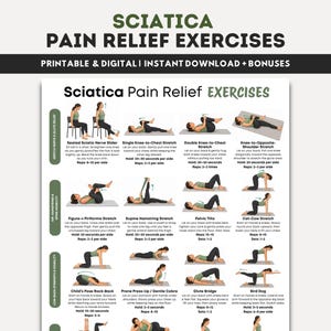 May include: A printable and digital guide titled "Sciatica Pain Relief Exercises." The black and white chart displays various exercises, including stretches, with accompanying illustrations and instructions for each movement. The exercises are categorized for gentle nerve & glute relief, hip hamstring & spine mobility, and low back strength & stability.