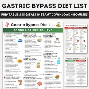 May include: A printable and digital Gastric Bypass Diet List with foods and drinks to have and avoid. The list includes categories like pureed proteins, whole grains, seasonings, dairy products, and beverages. There are also tips on what to do and avoid.
