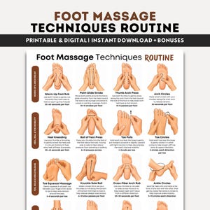 May include: A printable and digital foot massage techniques routine guide. The guide includes illustrations and instructions for various massage techniques, such as Warm-Up Foot Rub, Palm Glide Stroke, and Arch Circles. Text includes "Foot Massage Techniques ROUTINE".