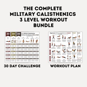 Może przedstawiać: Zestaw fitness z tekstem "THE COMPLETE MILITARY CALISTHENICS 3 LEVEL WORKOUT BUNDLE". Zestaw zawiera 30-dniowe wyzwanie i plan treningowy, oba z ilustracjami ćwiczeń. Schemat kolor&oacute;w to gł&oacute;wnie biały, czarny i bordowy.