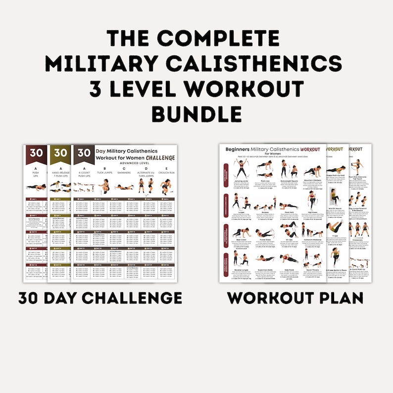 Może przedstawiać: Zestaw fitness z tekstem "THE COMPLETE MILITARY CALISTHENICS 3 LEVEL WORKOUT BUNDLE". Zestaw zawiera 30-dniowe wyzwanie i plan treningowy, oba z ilustracjami ćwiczeń. Schemat kolor&oacute;w to gł&oacute;wnie biały, czarny i bordowy.