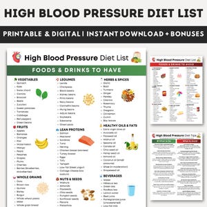 High Blood Pressure Diet Food List Printable, Low Sodium Food List, Hypertension Grocery List, Blood Pressure Food Chart, DASH Diet List PDF