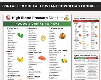 High Blood Pressure Diet Food List Printable, Low Sodium Food List, Hypertension Grocery List, Blood Pressure Food Chart, DASH Diet List PDF