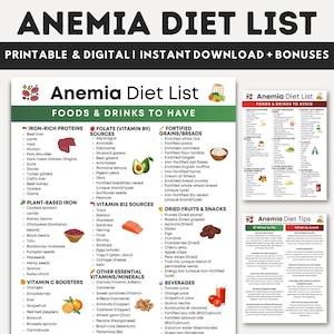 Peut inclure: Une liste de régime contre l'anémie, imprimable et numérique, avec des sections sur les "Aliments et boissons à consommer" et "Aliments et boissons à éviter". La liste comprend des protéines riches en fer, des sources de folate, des céréales enrichies et des boosters de vitamines.