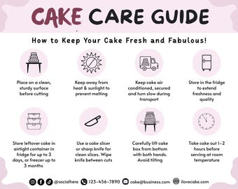 Cake Care Card and Cake Cutting Guide, Editable Cake Care Instructions, Bakery Labels, Printable Serving Instructions Card, Canva Template