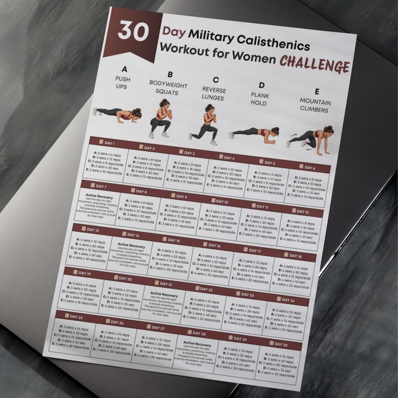 30 Day Military Calisthenics Challenge for Women, Printable Bodyweight ...