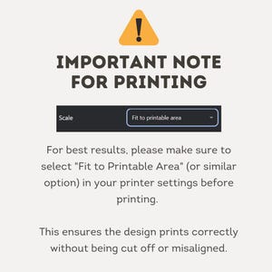 Puede incluir: Fondo blanco con el texto &laquo;IMPORTANT NOTE FOR PRINTING&raquo; y un icono de signo de exclamaci&oacute;n. El texto aconseja seleccionar &laquo;Fit to Printable Area&raquo; en la configuraci&oacute;n de la impresora para una impresi&oacute;n correcta.