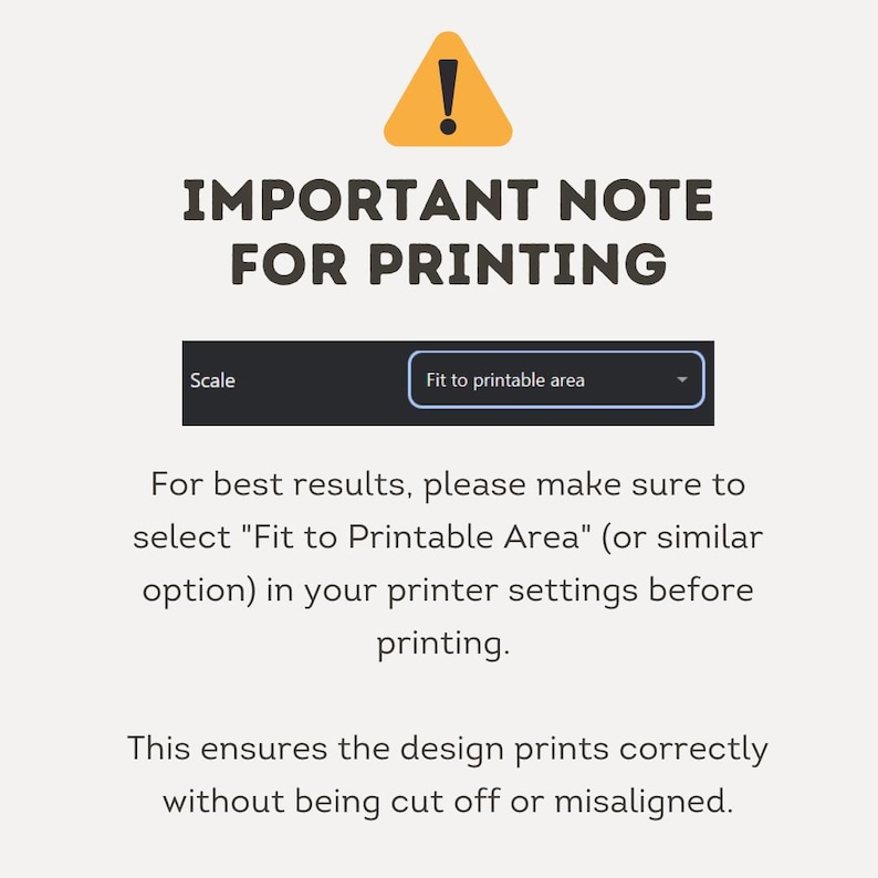 Puede incluir: Fondo blanco con el texto &laquo;IMPORTANT NOTE FOR PRINTING&raquo; y un icono de signo de exclamaci&oacute;n. El texto aconseja seleccionar &laquo;Fit to Printable Area&raquo; en la configuraci&oacute;n de la impresora para una impresi&oacute;n correcta.