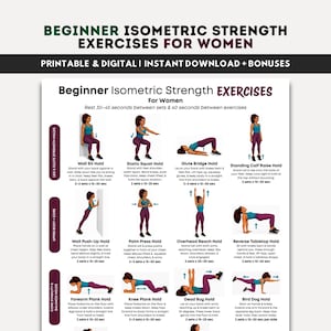 May include: A printable and digital workout guide for beginner isometric strength exercises for women. The guide includes illustrations and instructions for various exercises, such as wall sits, glute bridges, and forearm planks.