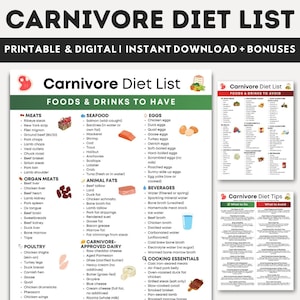 May include: A printable and digital Carnivore Diet List with foods and drinks to have and avoid. The list includes meats, seafood, eggs, animal fats, and cooking essentials. There are also tips on what to do and avoid on the diet.