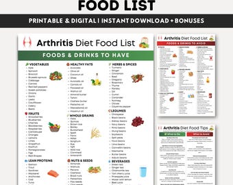 Liste d'aliments pour le régime contre l'arthrite imprimable, régime anti-inflammatoire, liste de courses pour l'arthrite, aliments contre l'arthrose, guide de santé pour le soulagement des douleurs articulaires PDF