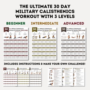 Może przedstawiać: Zestaw wykres&oacute;w treningowych z tekstem "THE ULTIMATE 30 DAY MILITARY CALISTHENICS WORKOUT WITH 3 LEVELS". Wykresy są dla początkujących, średniozaawansowanych i zaawansowanych. Zawiera instrukcje.