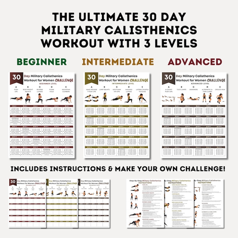 Może przedstawiać: Zestaw wykres&oacute;w treningowych z tekstem "THE ULTIMATE 30 DAY MILITARY CALISTHENICS WORKOUT WITH 3 LEVELS". Wykresy są dla początkujących, średniozaawansowanych i zaawansowanych. Zawiera instrukcje.