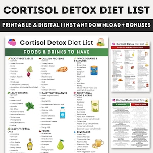 May include: A printable and digital Cortisol Detox Diet List with bonus content. The list is divided into foods and drinks to have and avoid, including root vegetables, quality proteins, whole grains, and beverages. The list also includes tips.
