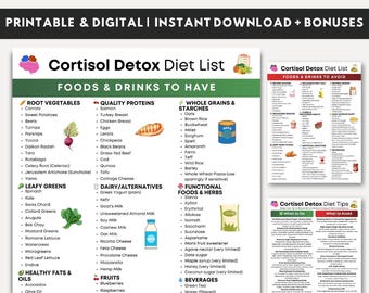 Lista de alimentos para la dieta de desintoxicación de cortisol (imprimible), alimentos para reducir el cortisol, dieta para la fatiga suprarrenal, tabla de alimentos antiestrés, lista de compras para el equilibrio hormonal.