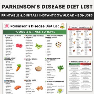 Puede incluir: Una lista de dieta para la enfermedad de Parkinson, imprimible y digital, con contenido extra. La lista incluye alimentos y bebidas que se deben consumir, así como aquellos que se deben evitar. La imagen incluye una lista de consejos.