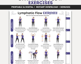 Ejercicios para estimular el flujo linfático (PDF imprimible), 16 ejercicios de movimiento suave, diagrama de circulación corporal completa, rutina de drenaje linfático, alivio del edema.