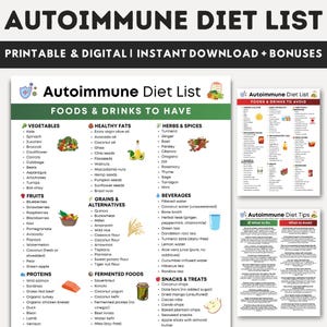May include: A printable and digital autoimmune diet list with foods and drinks to have and avoid. The list includes vegetables, fruits, healthy fats, herbs, spices, beverages, snacks, and treats. The document also includes tips on what to do and what to avoid.