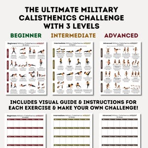 Może przedstawiać: Plakat fitness z napisem "THE ULTIMATE MILITARY CALISTHENICS CHALLENGE WITH 3 LEVELS". Zawiera wizualne przewodniki po treningach kalistenicznych dla początkujących, średnio zaawansowanych i zaawansowanych. Plakat zawiera r&oacute;wnież sekcję do śledzenia postęp&oacute;w.
