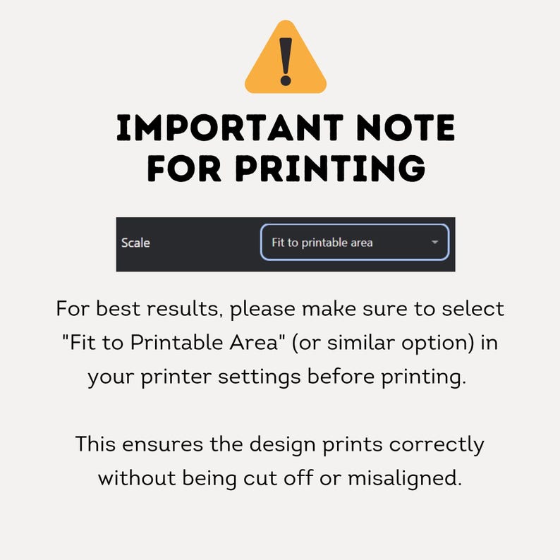Puede incluir: Fondo blanco con texto negro "IMPORTANT NOTE FOR PRINTING". Un letrero de advertencia naranja en la parte superior. El texto aconseja seleccionar "Fit to Printable Area" en la configuraci&oacute;n de la impresora.