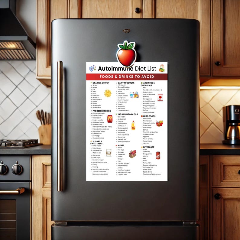 May include: A refrigerator magnet with the text "Autoimmune Diet List: Foods & Drinks to Avoid." The list is organized into categories like Grains & Gluten, Dairy Products, Additives & Chemicals, and Sugars & Sweeteners. A red apple magnet is at the top.