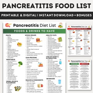 Lista de alimentos para dieta de pancreatite, Lista de compras para pancreatite para impressão, Tabela de alimentos para dieta anti-inflamatória com baixo teor de gordura, Guia de dieta para pancreatite crônica