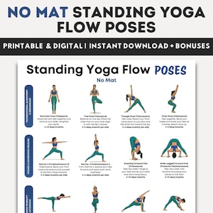 Standing Yoga Flow Poses Poster Printable PDF, Bodyweight At Home Workout Routine, Beginner Full Body Standing Yoga Exercises, No Equipment