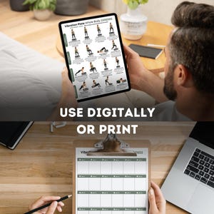 Puede incluir: Una persona sostiene una tableta que muestra una tabla de ejercicios "Vibration Plate Whole Body Exercises". La tabla muestra varias poses de ejercicio. Debajo, el texto dice "USE DIGITALLY OR PRINT".