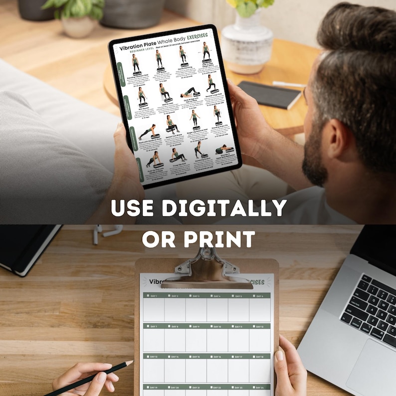 Puede incluir: Una persona sostiene una tableta que muestra una tabla de ejercicios "Vibration Plate Whole Body Exercises". La tabla muestra varias poses de ejercicio. Debajo, el texto dice "USE DIGITALLY OR PRINT".